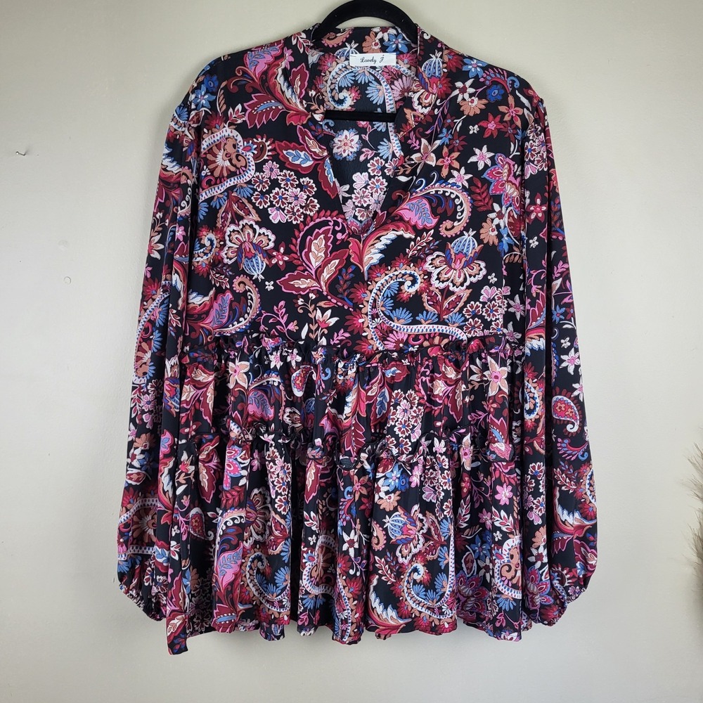 Lovely J Boho Floral Paisley Top Women's Large Balloon Sleeves Ruffled Tiered - Picture 2 of 10
